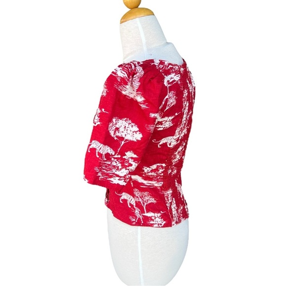 Reformation Leo Linen Top Nairobi Red Safari Print Button Detail Puff Sleeves 6 - Picture 3 of 15